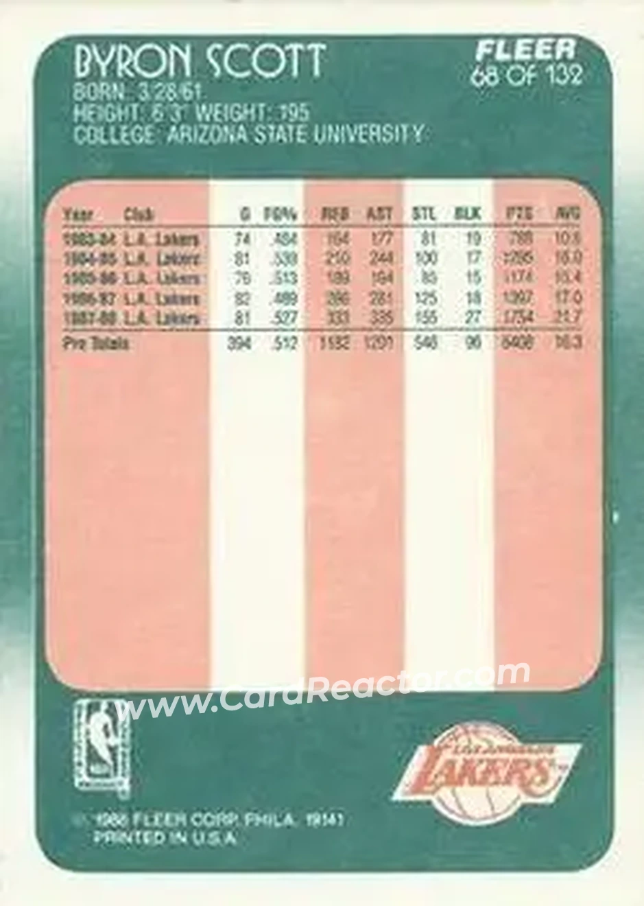 1988-89 Fleer #68 - Byron Scott - Los Angeles Lakers - Back