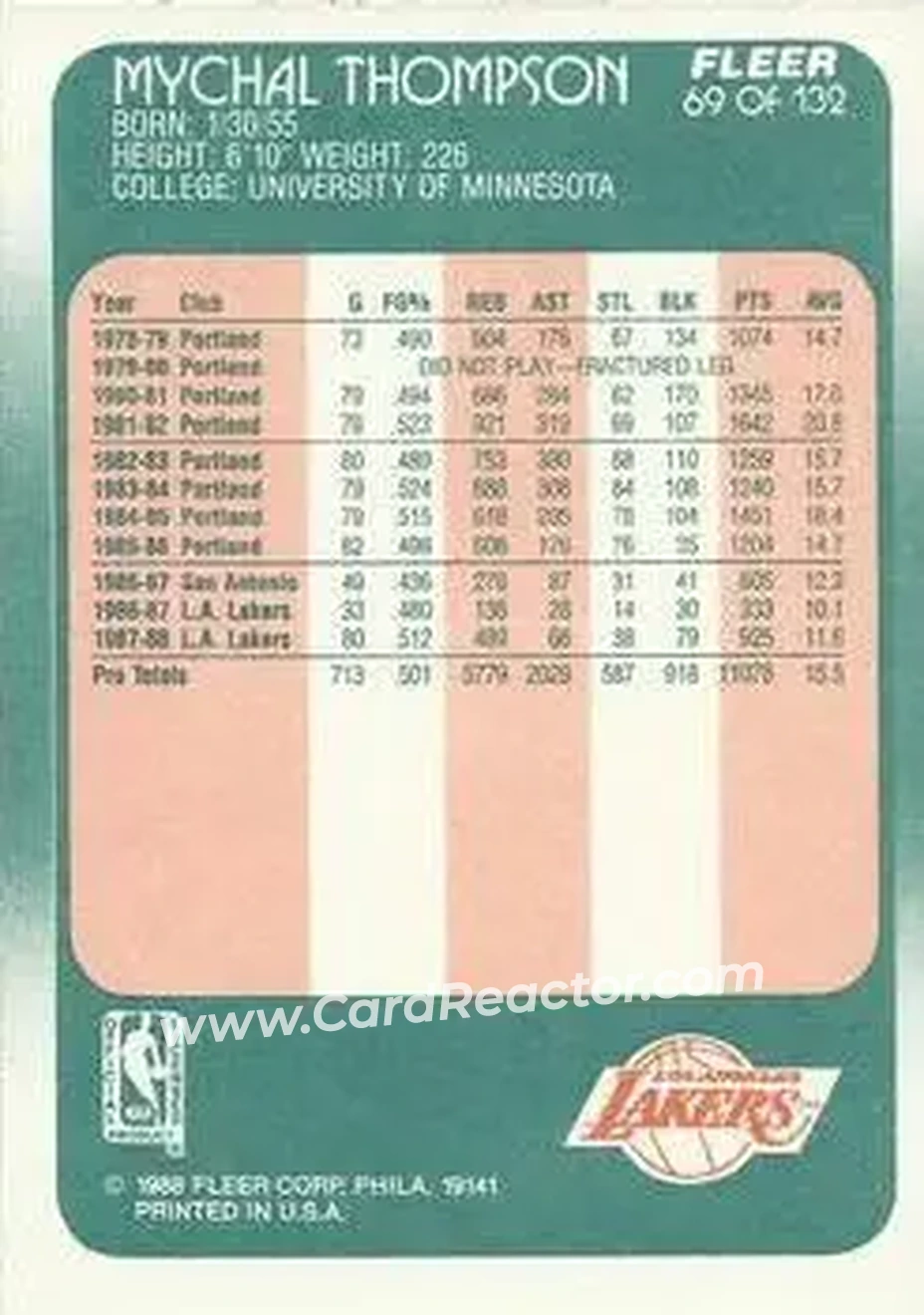 1988-89 Fleer #69 - Mychal Thompson - Los Angeles Lakers - Back