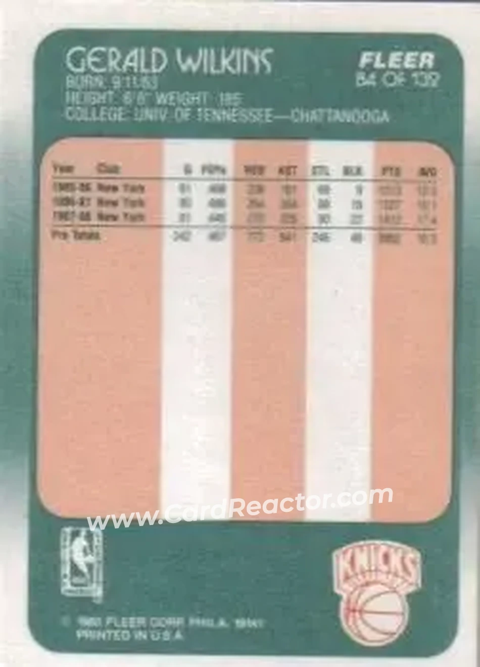1988-89 Fleer #84 - Gerald Wilkins - New York Knicks - Back