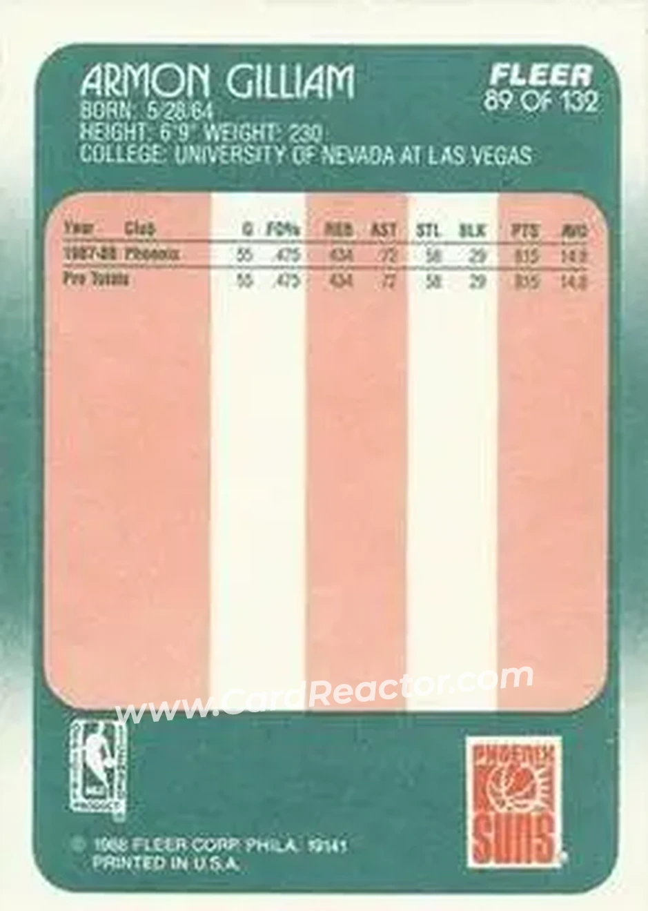 1988-89 Fleer #89 - Armon Gilliam - Phoenix Suns - Back