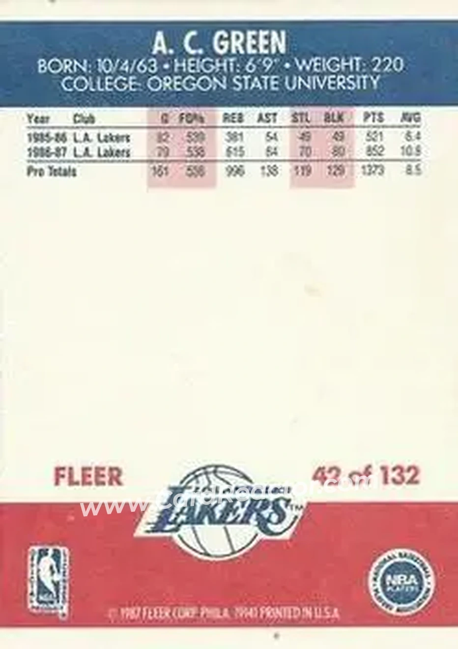 1987-88 Fleer #42 - A.C. Green - Los Angeles Lakers - Back