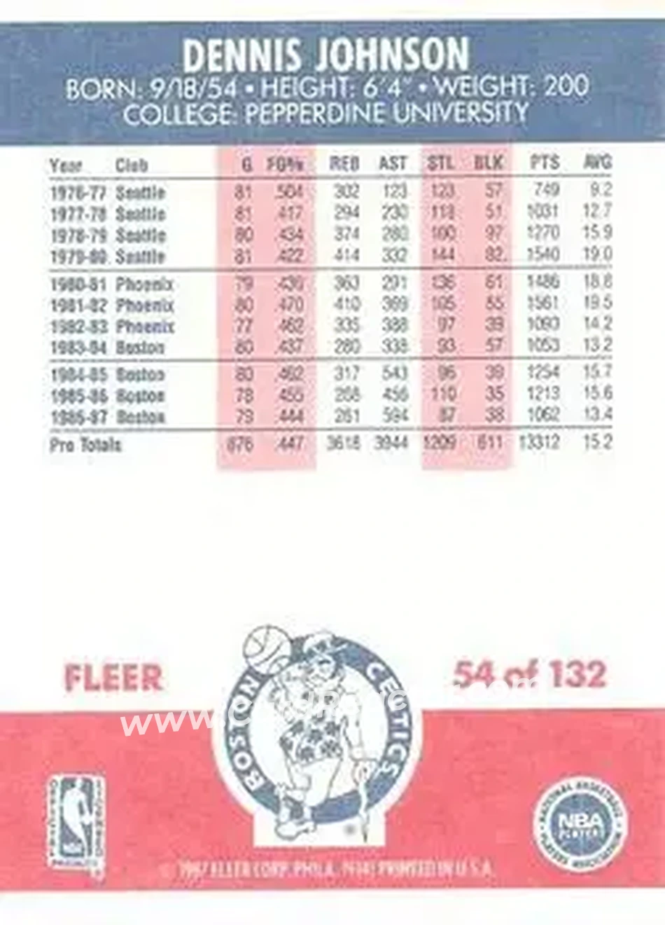1987-88 Fleer #54 - Dennis Johnson - Boston Celtics - Back