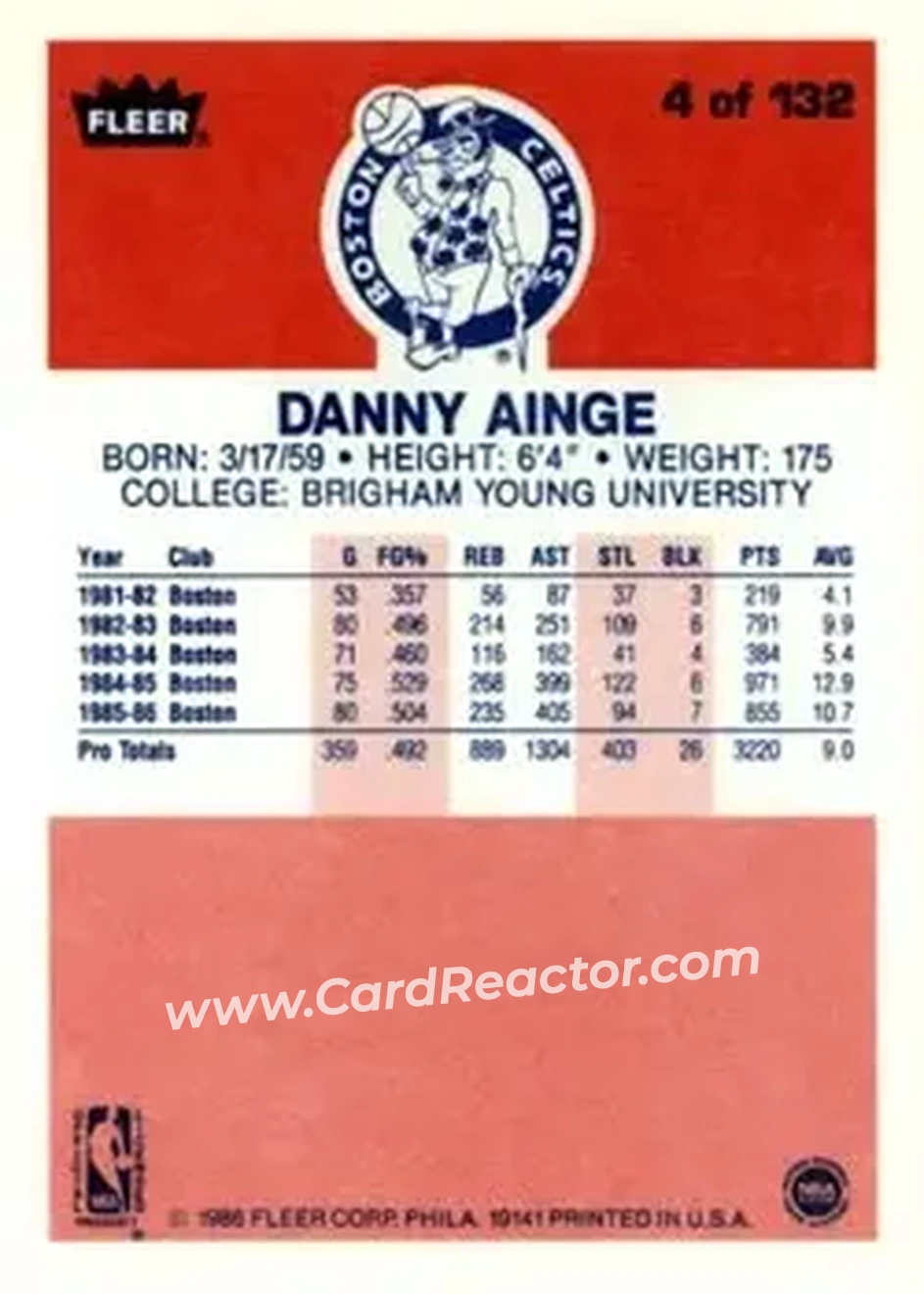 1986-87 Fleer #4 - Danny Ainge - Boston Celtics - Back