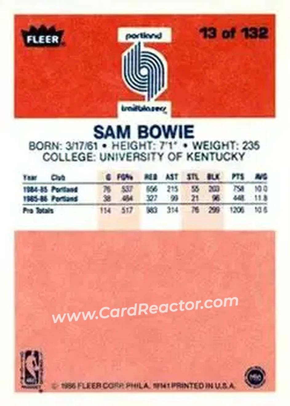 1986-87 Fleer #13 - Sam Bowie - Portland Trail Blazers - Back