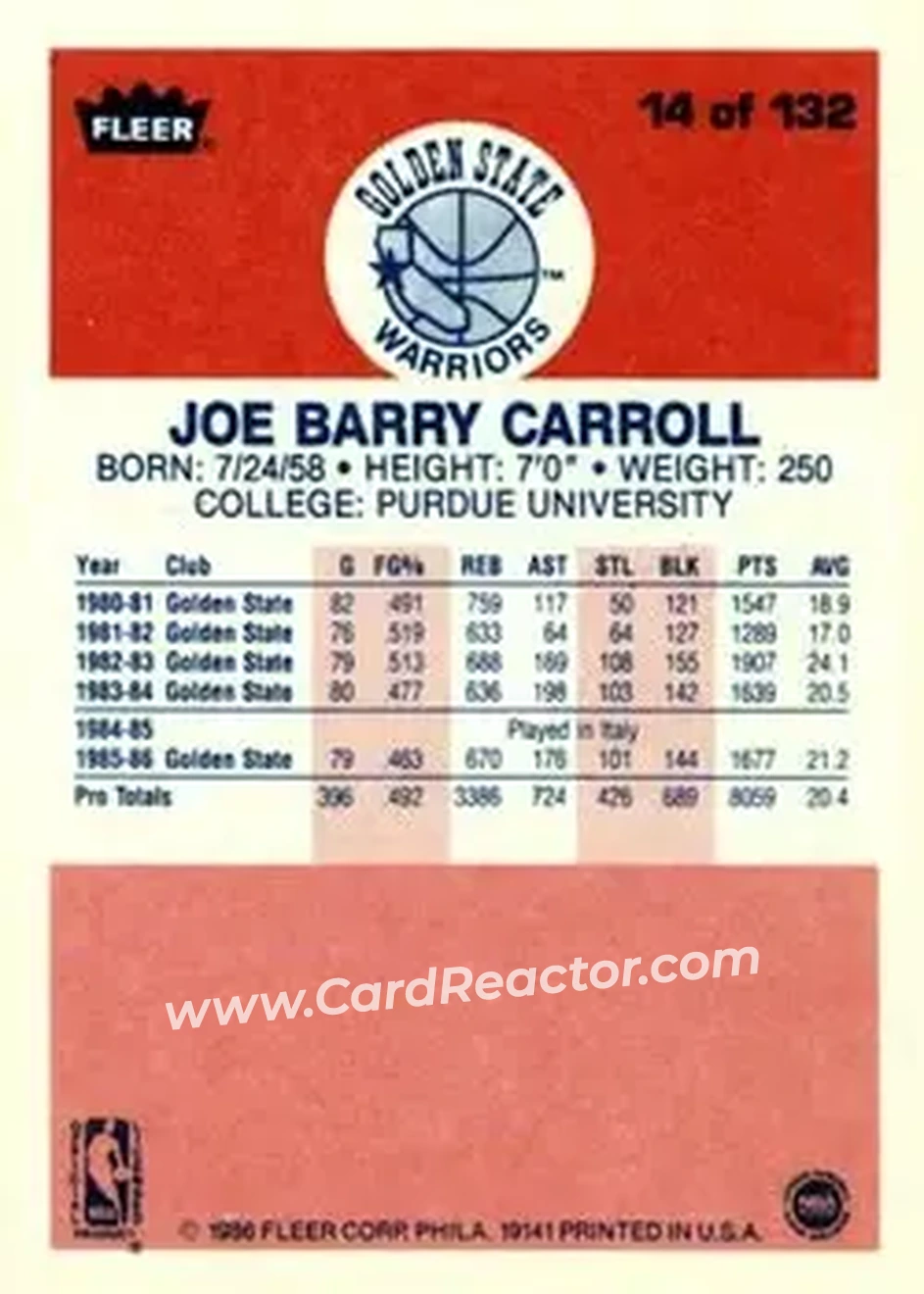 1986-87 Fleer #14 - Joe Barry Carroll - Golden State Warriors - Back