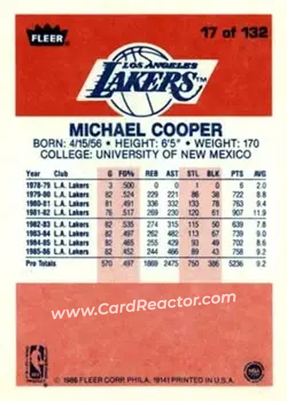 1986-87 Fleer #17 - Michael Cooper - Los Angeles Lakers - Back