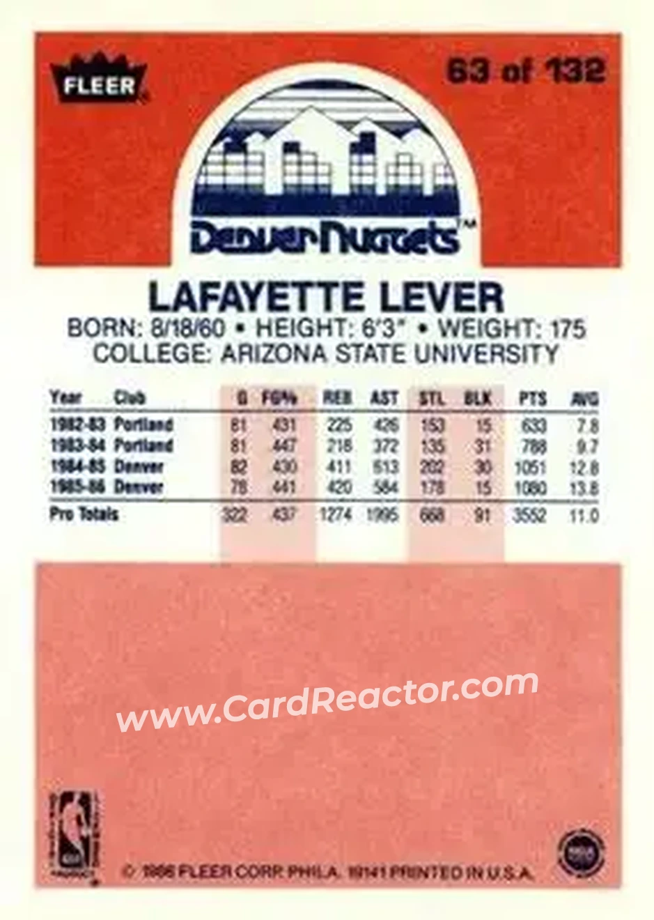 1986-87 Fleer #63 - Fat Lever - Denver Nuggets - Back