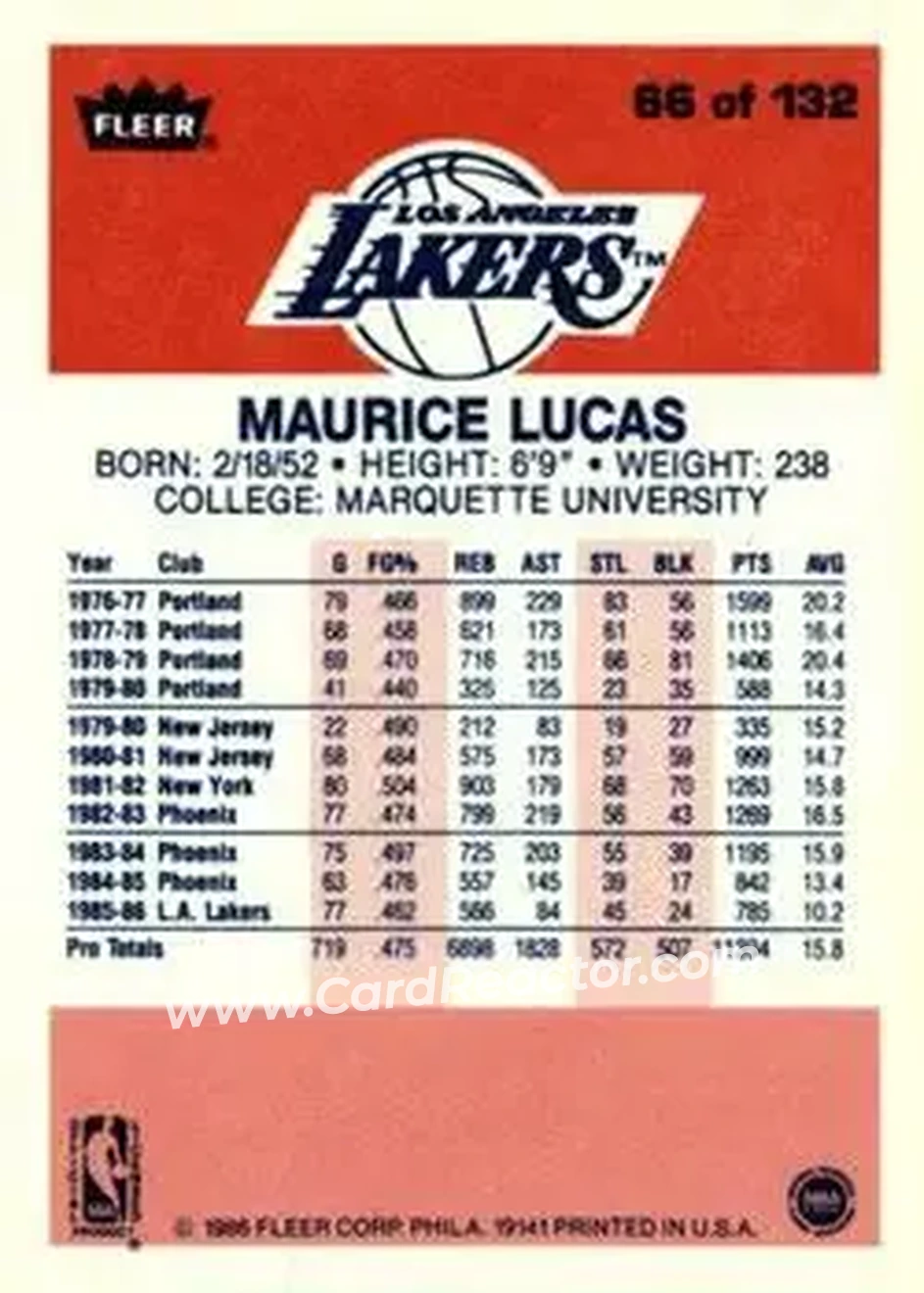 1986-87 Fleer #66 - Maurice Lucas - Los Angeles Lakers - Back