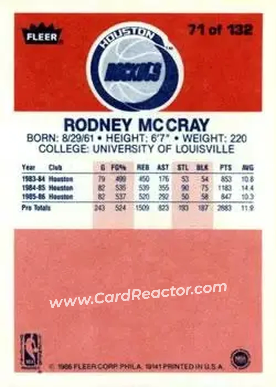 1986-87 Fleer #71 - Rodney McCray - Houston Rockets - Back