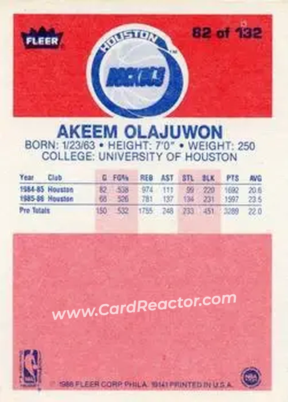 1986-87 Fleer #82 - Hakeem Olajuwon - Houston Rockets - Back