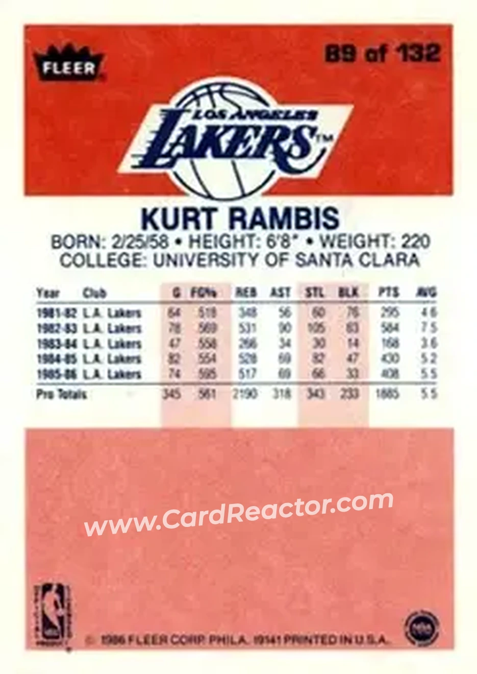 1986-87 Fleer #89 - Kurt Rambis - Los Angeles Lakers - Back