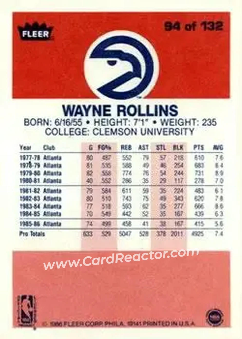 1986-87 Fleer #94 - Tree Rollins - Atlanta Hawks - Back