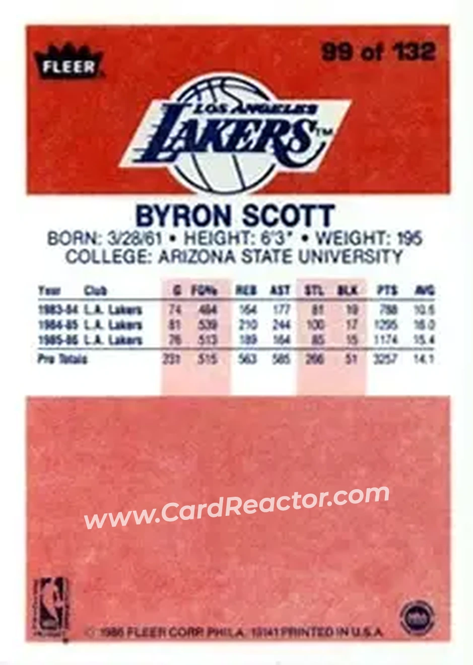 1986-87 Fleer #99 - Byron Scott - Los Angeles Lakers - Back