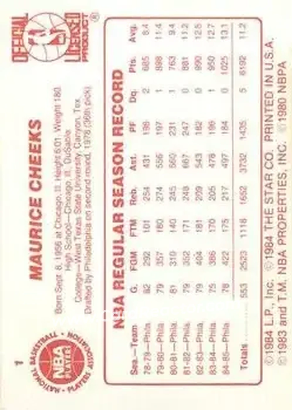 1985-86 Star #1 - Maurice Cheeks - Philadelphia 76ers - Back