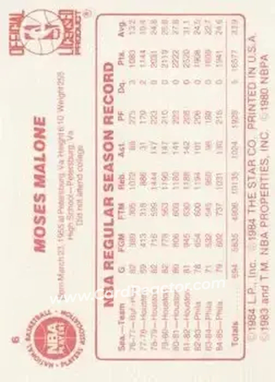 1985-86 Star #6 - Moses Malone - Philadelphia 76ers - Back