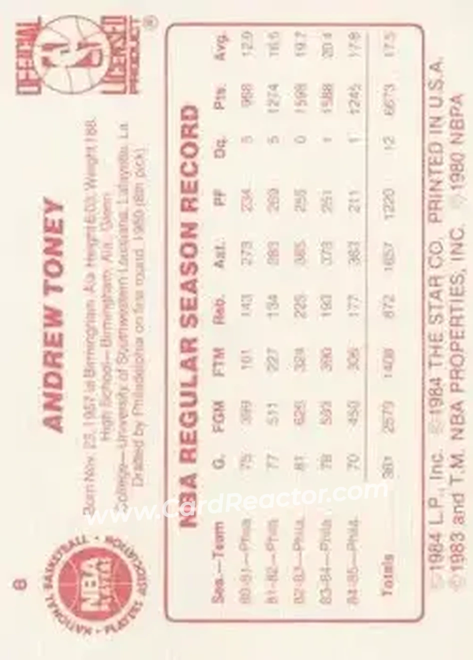 1985-86 Star #8 - Andrew Toney - Philadelphia 76ers - Back