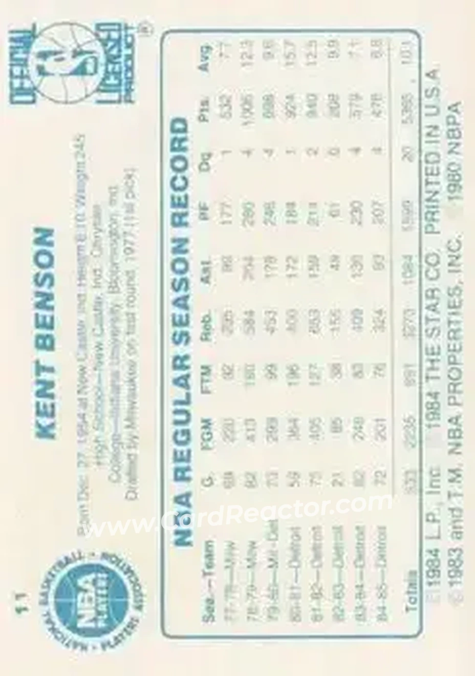 1985-86 Star #11 - Kent Benson - Detroit Pistons - Back