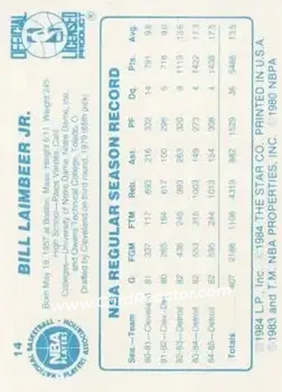 1985-86 Star #14 - Bill Laimbeer - Detroit Pistons - Back