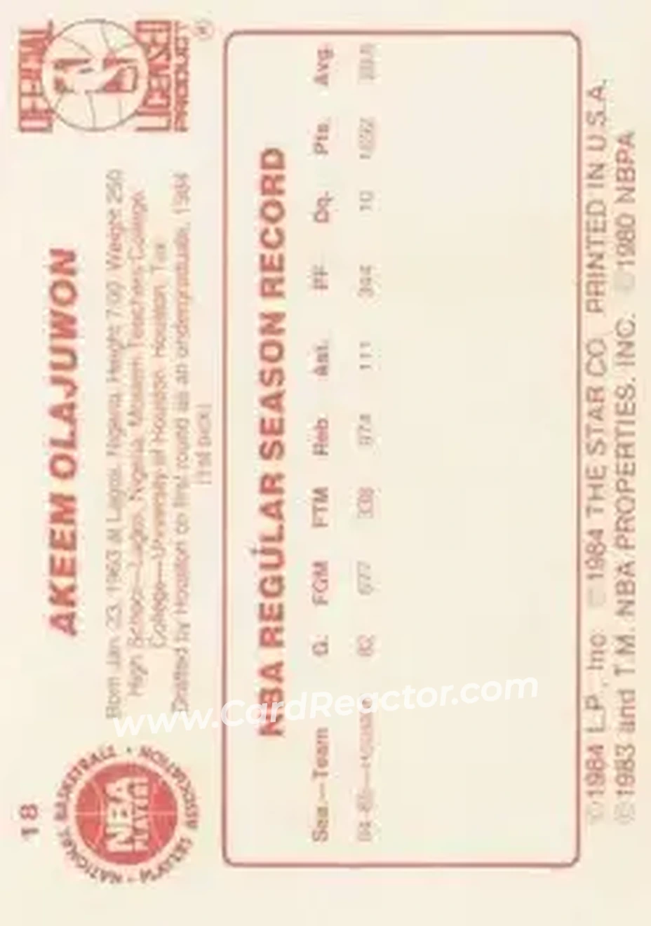 1985-86 Star #18 - Hakeem Olajuwon - Houston Rockets - Back
