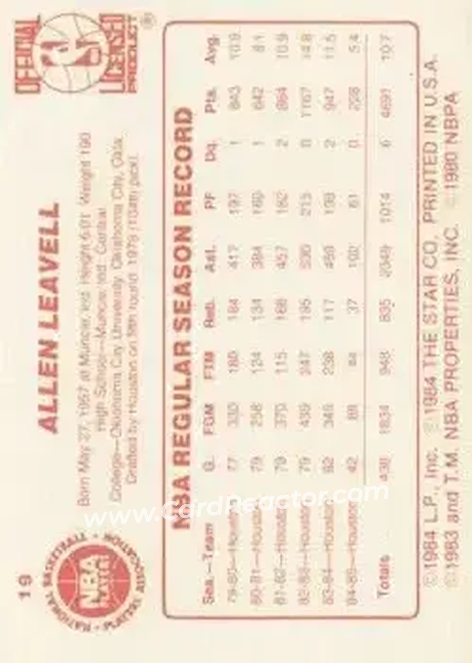 1985-86 Star #19 - Allen Leavell - Houston Rockets - Back