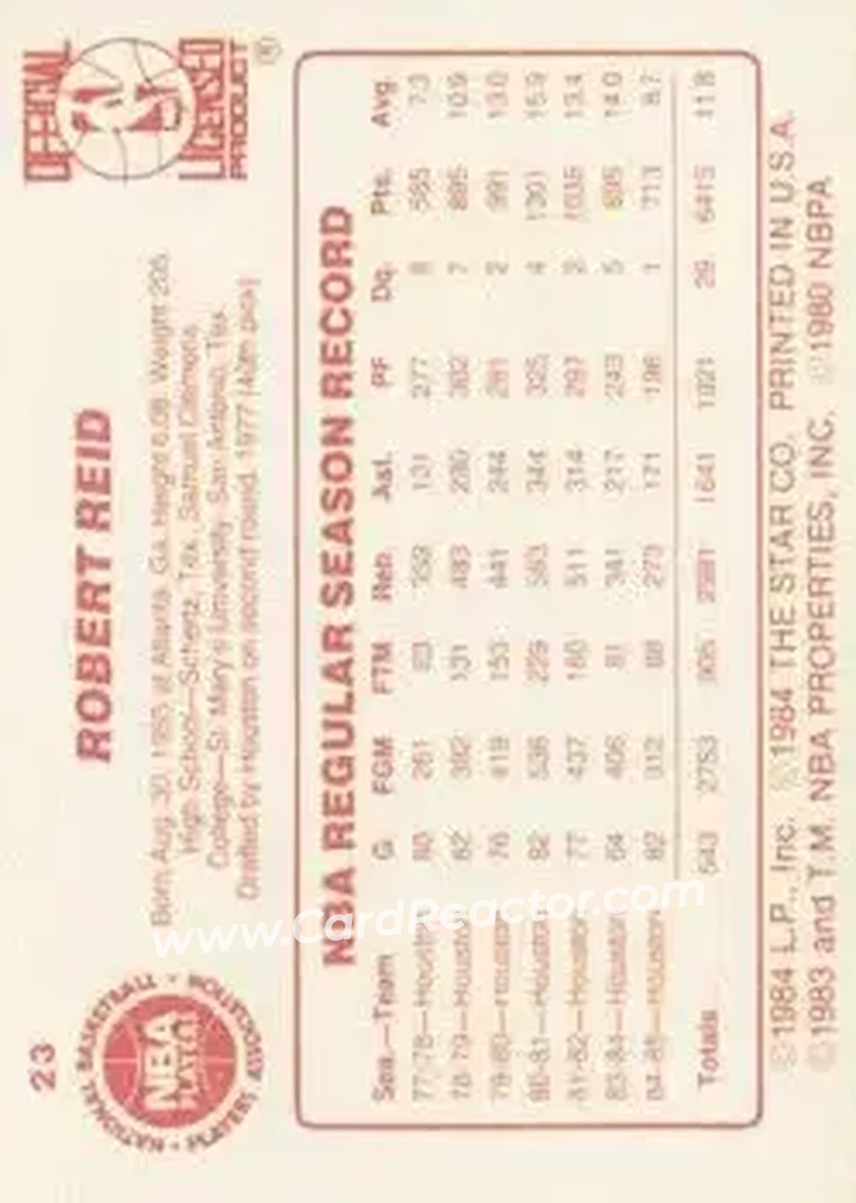 1985-86 Star #23 - Robert Reid - Houston Rockets - Back