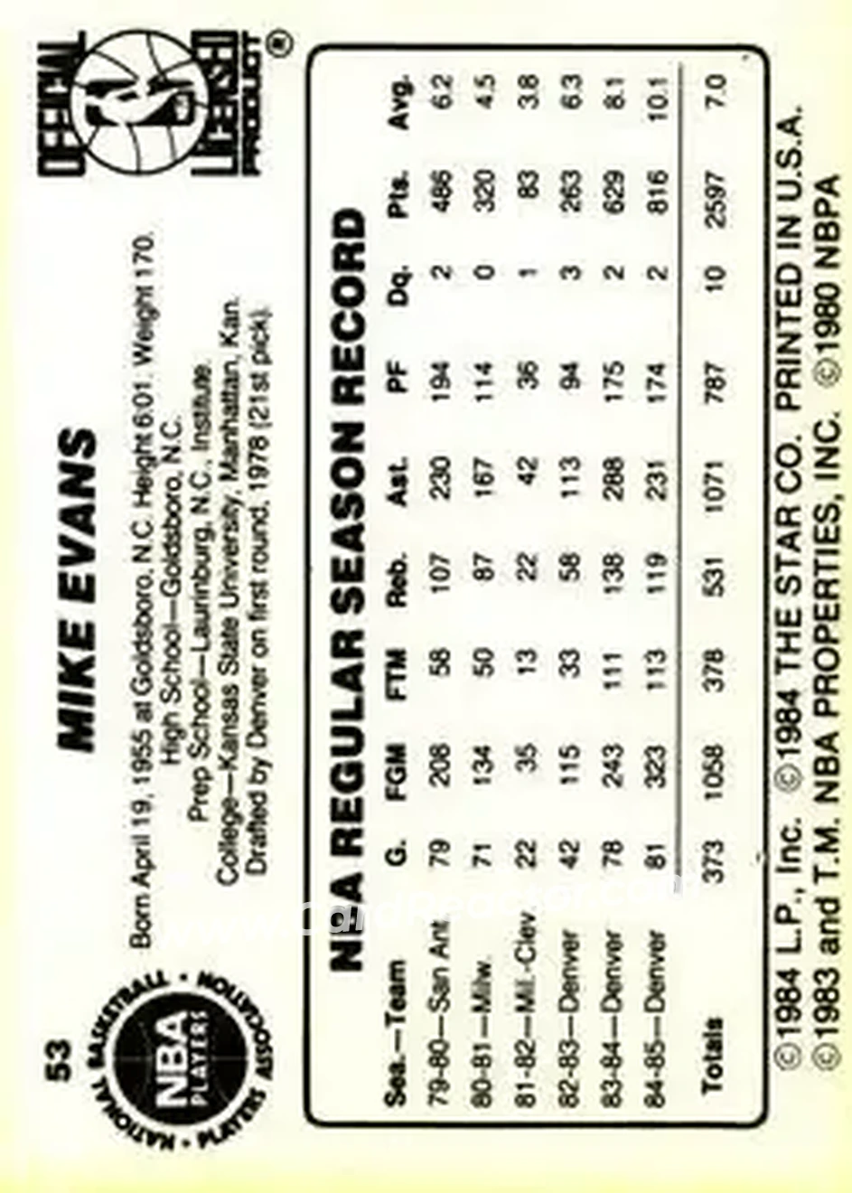 1985-86 Star #53 - Mike Evans - Denver Nuggets - Back