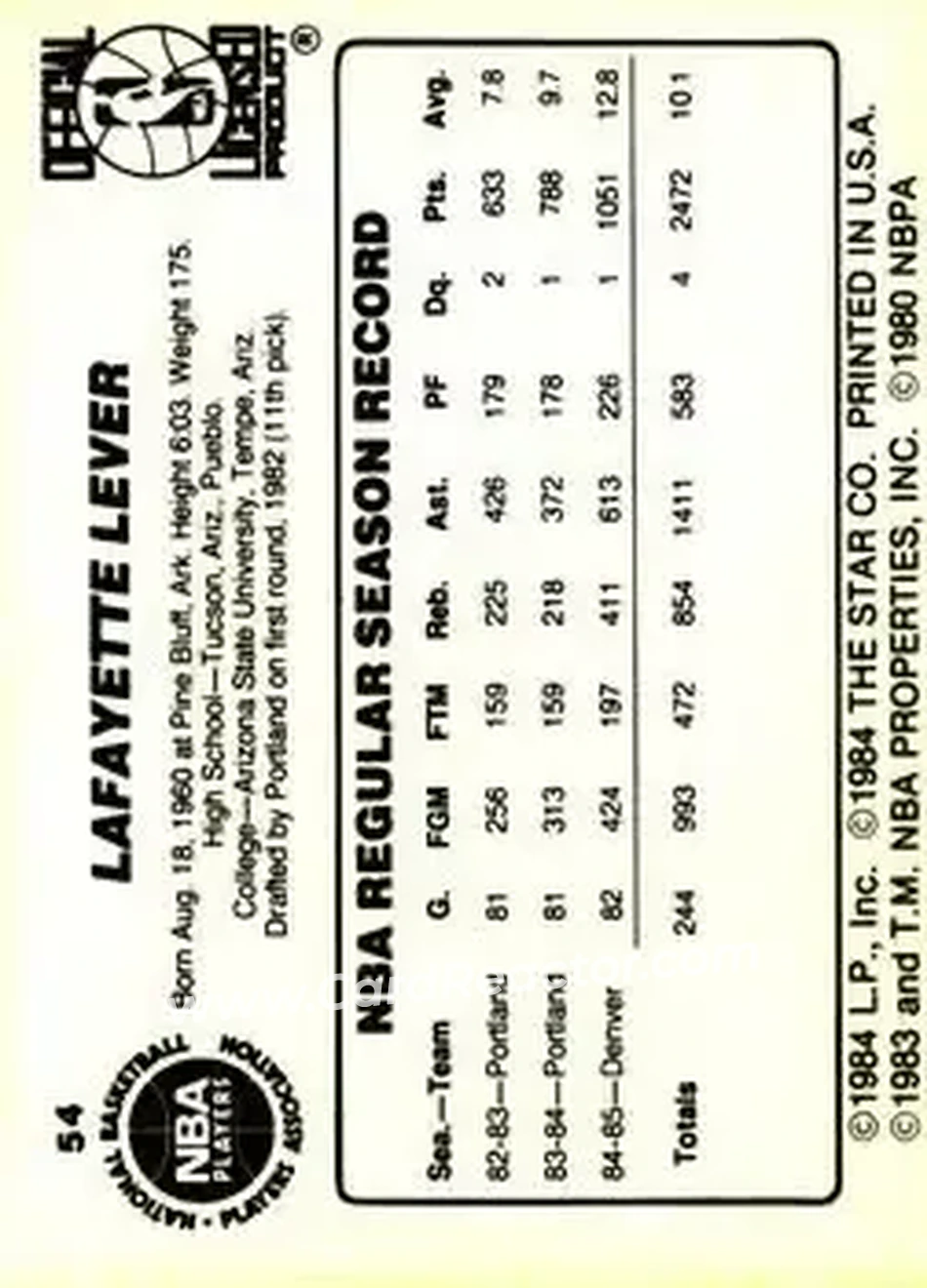 1985-86 Star #54 - Fat Lever - Denver Nuggets - Back