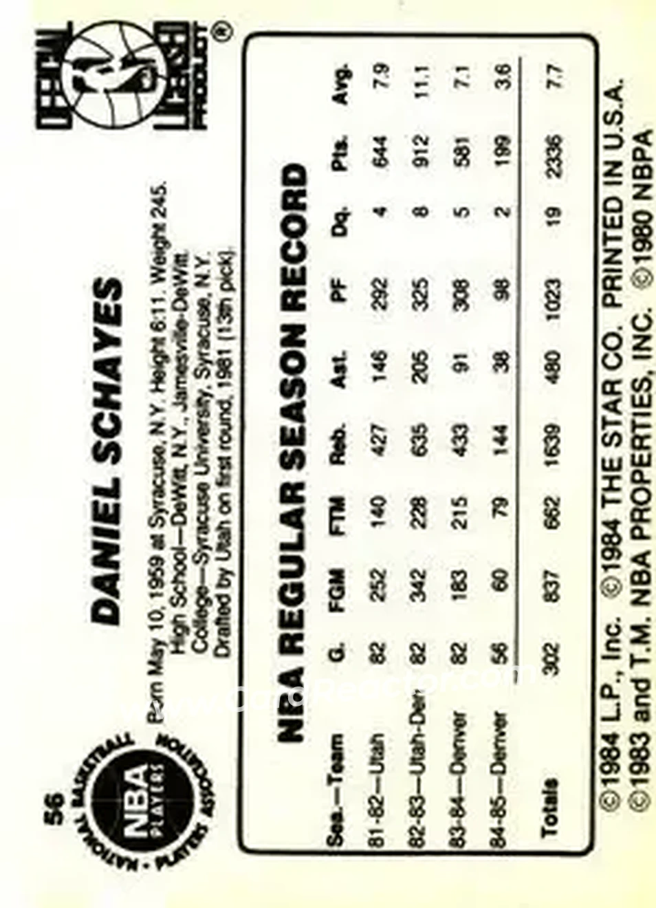1985-86 Star #56 - Danny Schayes - Denver Nuggets - Back