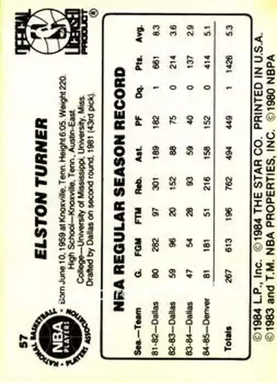 1985-86 Star #57 - Elston Turner - Denver Nuggets - Back