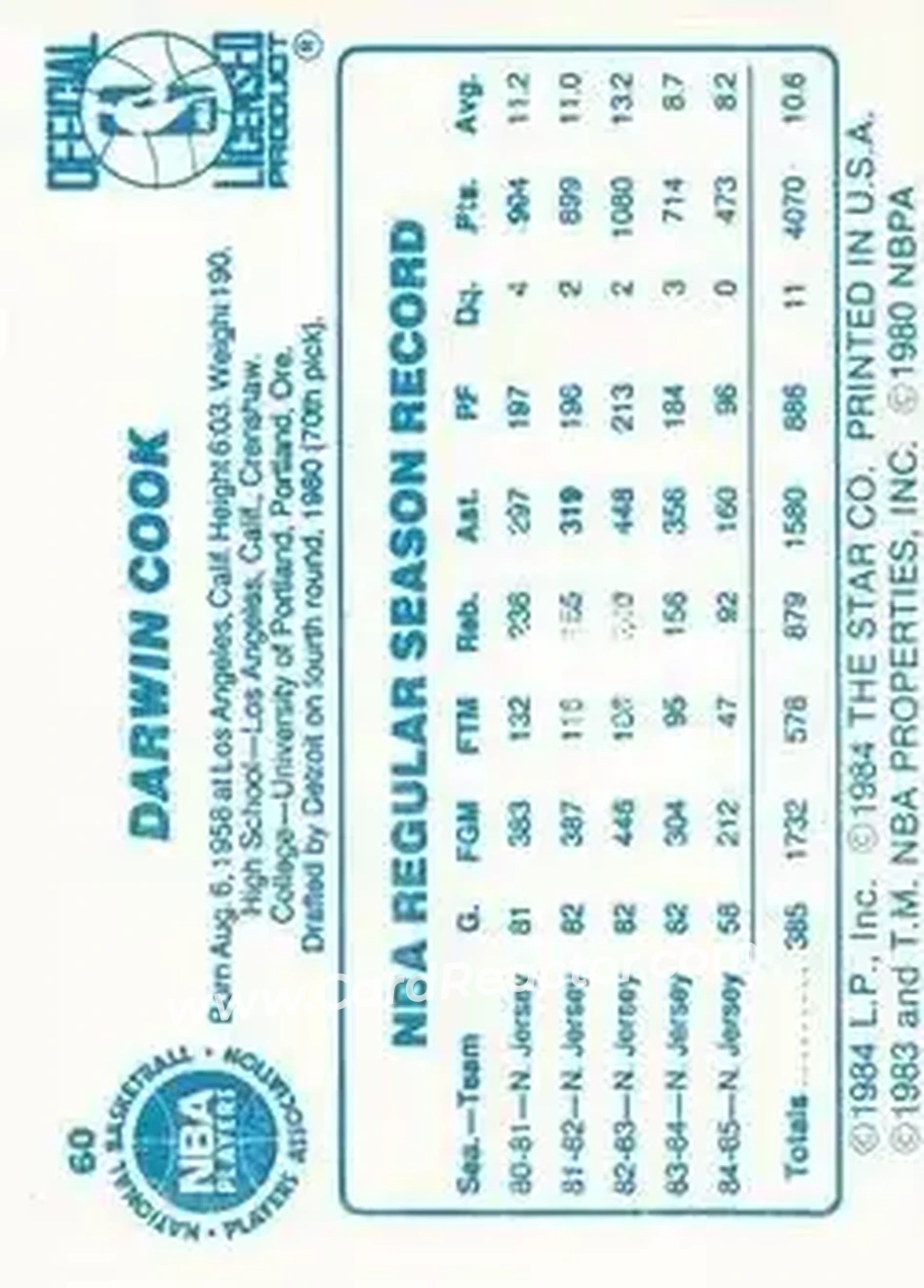 1985-86 Star #60 - Darwin Cook - New Jersey Nets - Back
