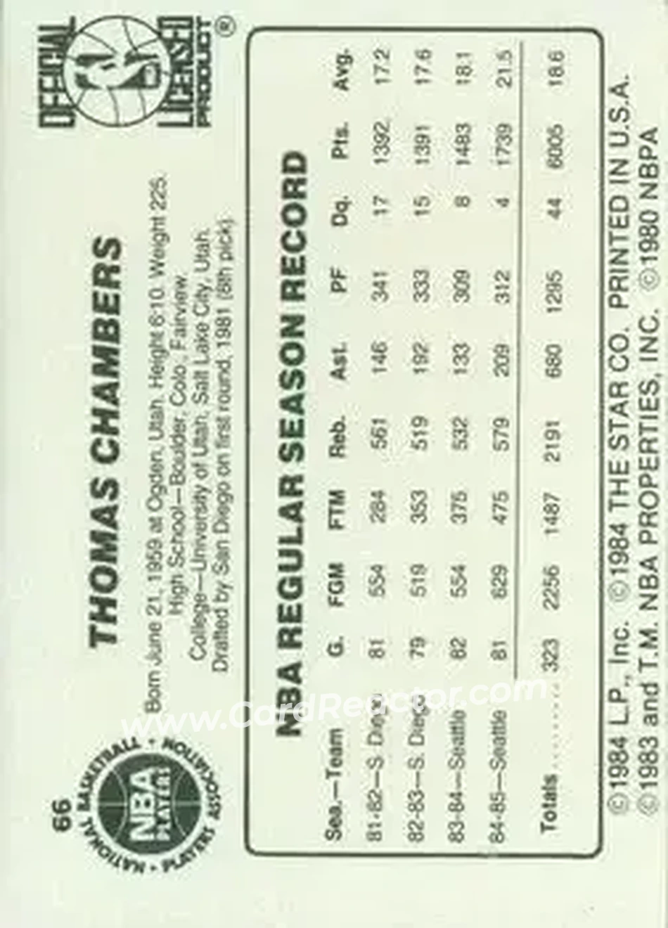 1985-86 Star #66 - Tom Chambers - Seattle SuperSonics - Back