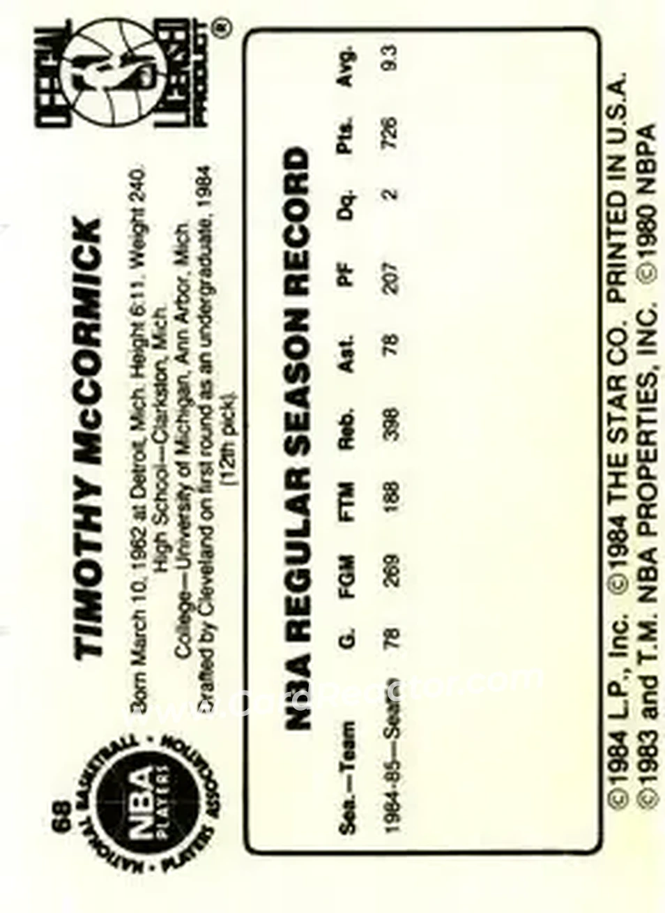 1985-86 Star #68 - Tim McCormick - Seattle SuperSonics - Back