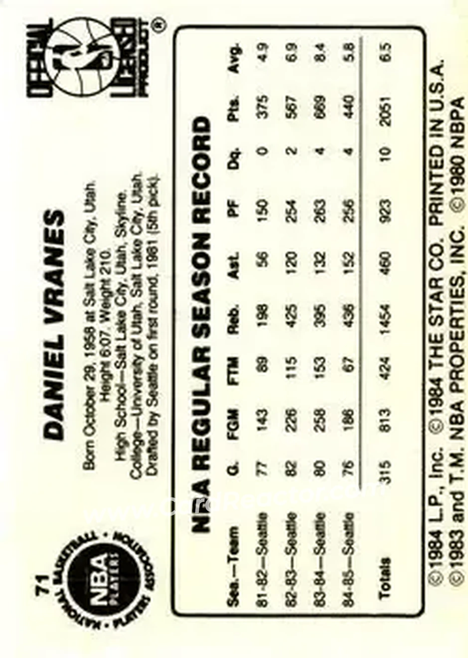 1985-86 Star #71 - Danny Vranes - Seattle SuperSonics - Back