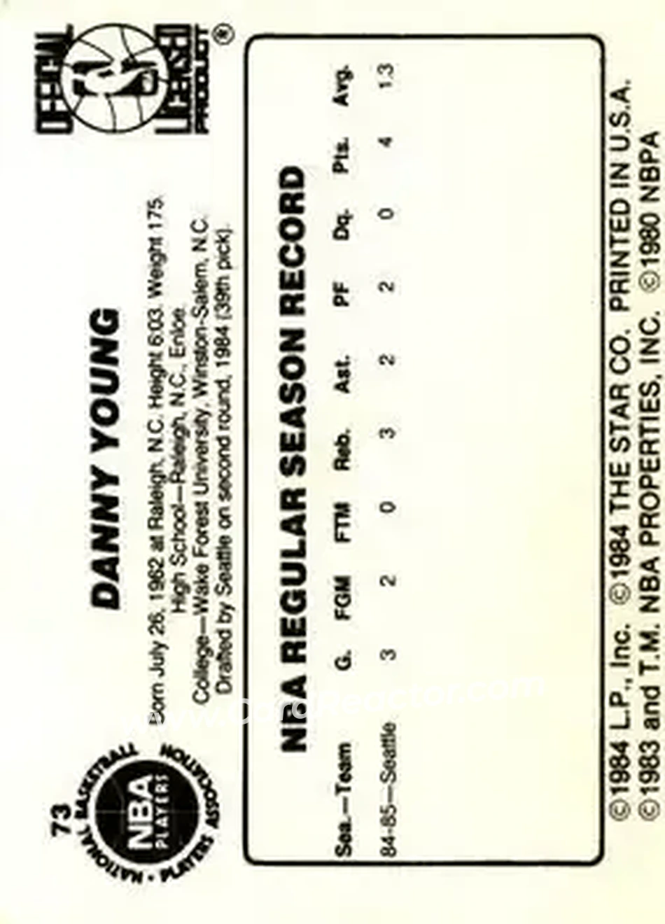 1985-86 Star #73 - Danny Young - Seattle SuperSonics - Back