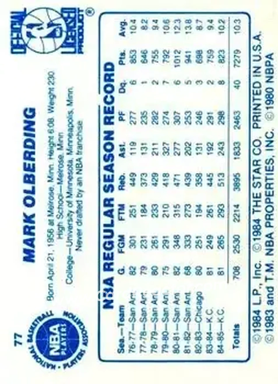 1985-86 Star #77 - Mark Olberding - Sacramento Kings - Back
