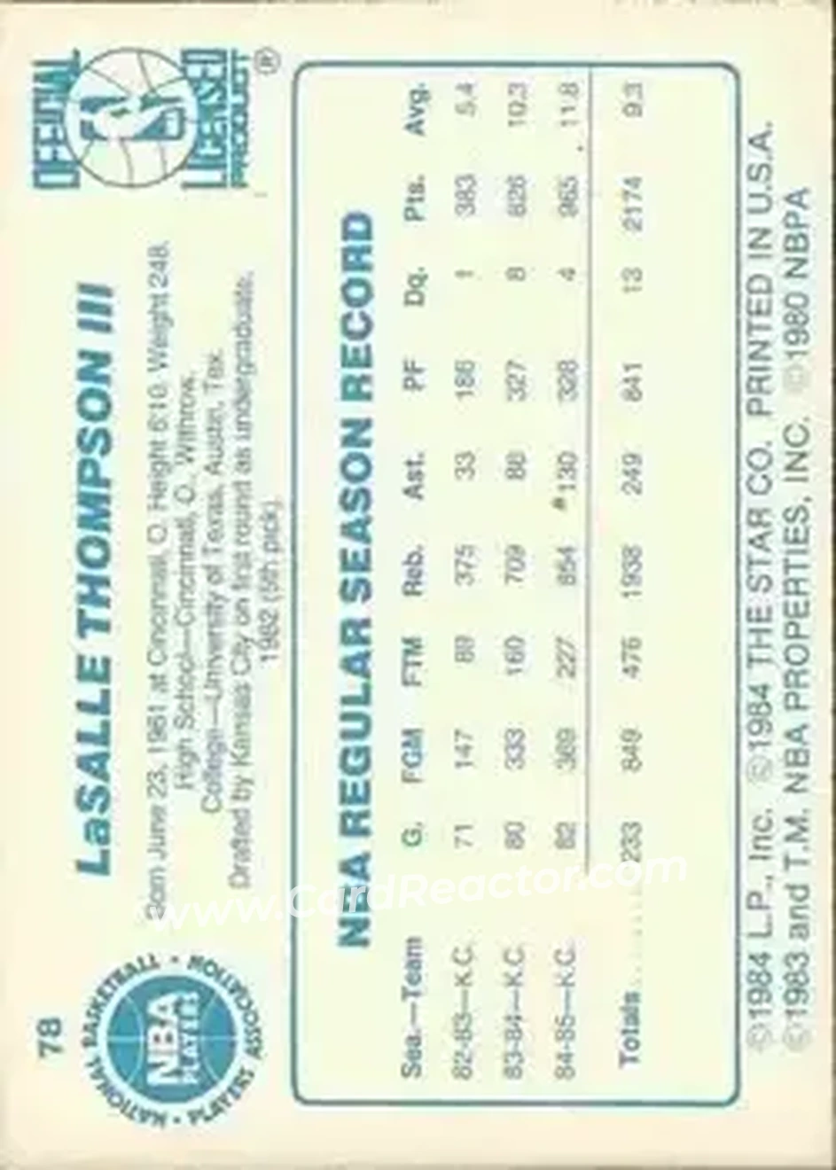 1985-86 Star #78 - LaSalle Thompson - Sacramento Kings - Back