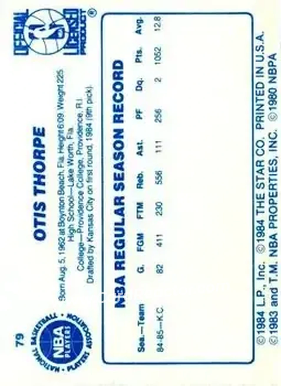 1985-86 Star #79 - Otis Thorpe - Sacramento Kings - Back