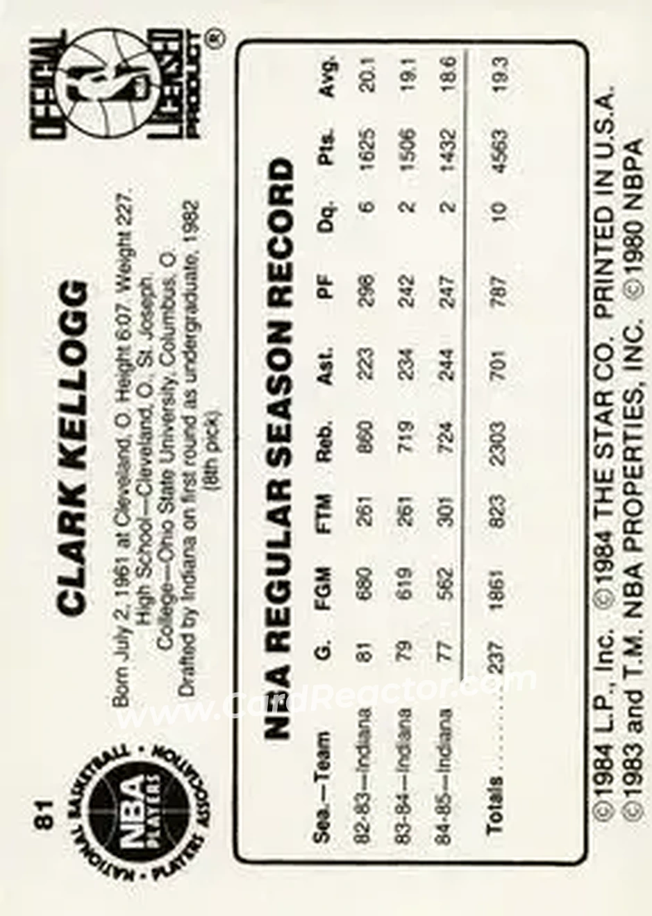 1985-86 Star #81 - Clark Kellogg - Indiana Pacers - Back