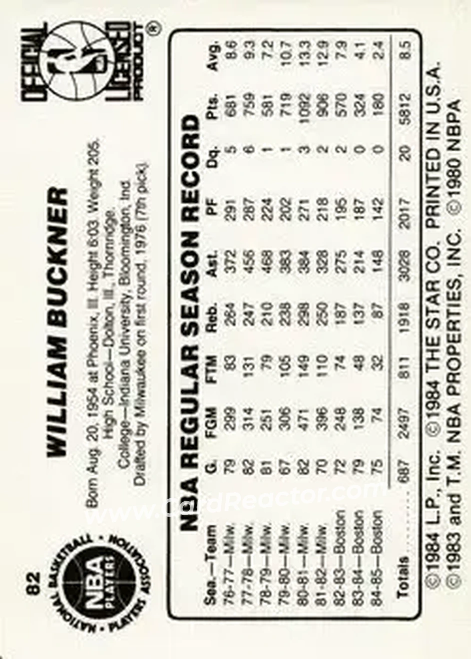 1985-86 Star #82 - Quinn Buckner - Indiana Pacers - Back