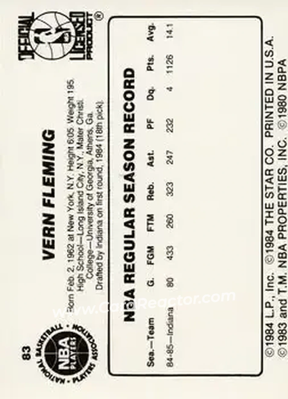 1985-86 Star #83 - Vern Fleming - Indiana Pacers - Back