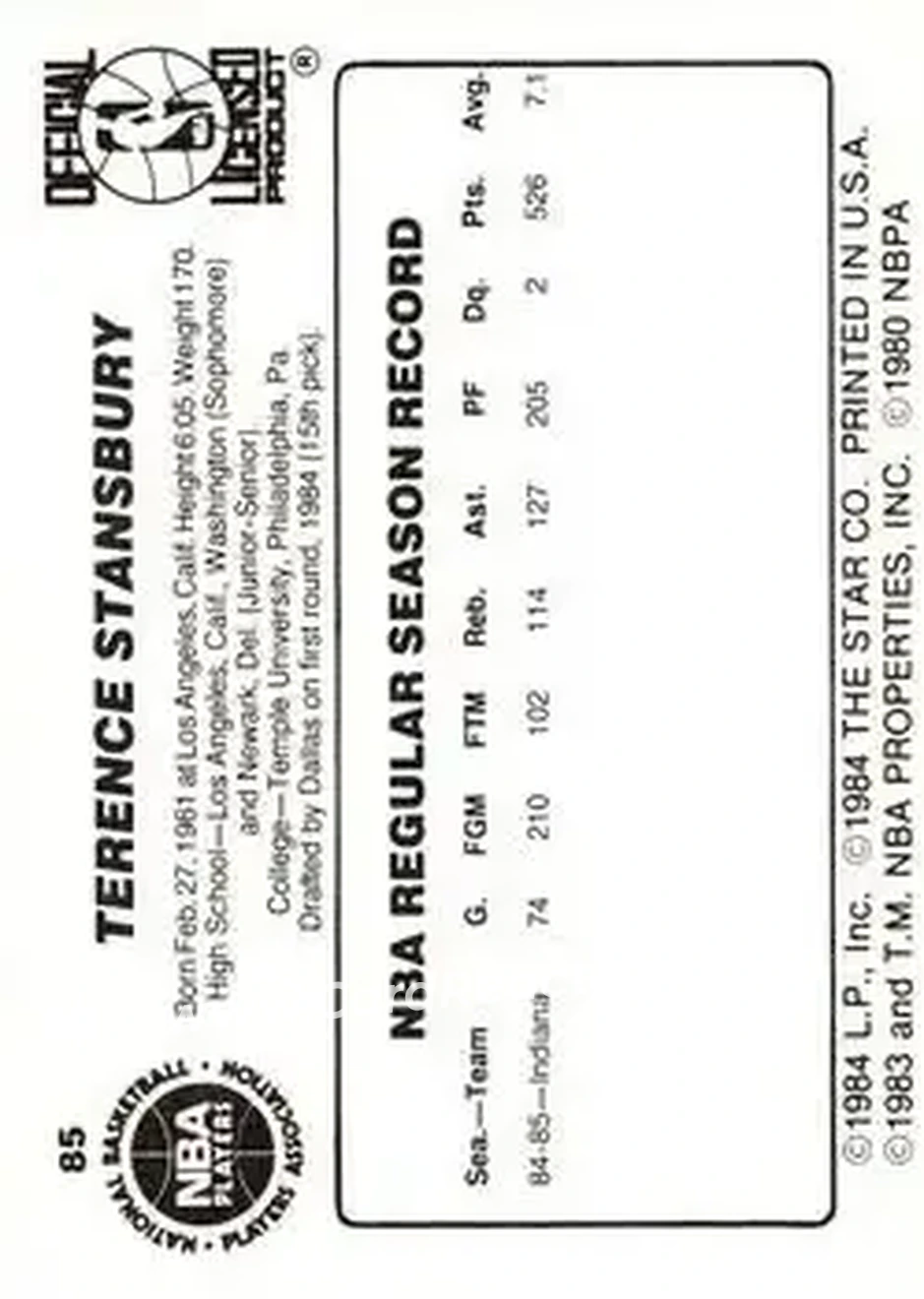 1985-86 Star #85 - Terence Stansbury - Indiana Pacers - Back