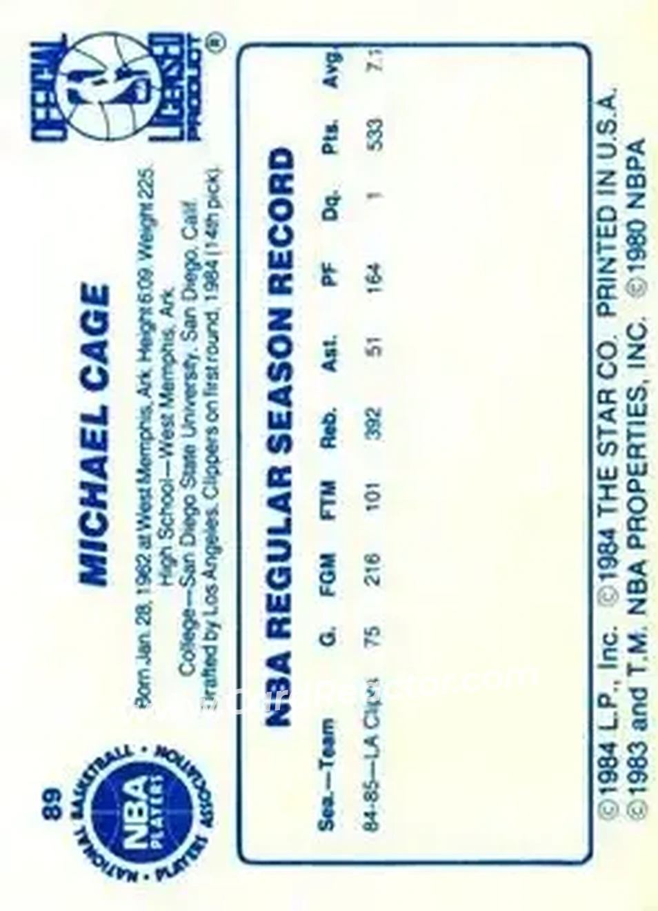1985-86 Star #89 - Michael Cage - Los Angeles Clippers - Back