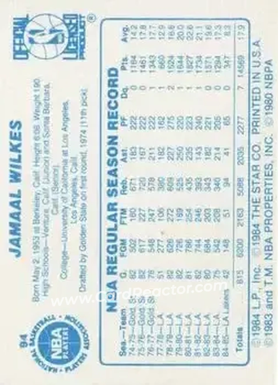 1985-86 Star #94 - Jamaal Wilkes - Los Angeles Clippers - Back