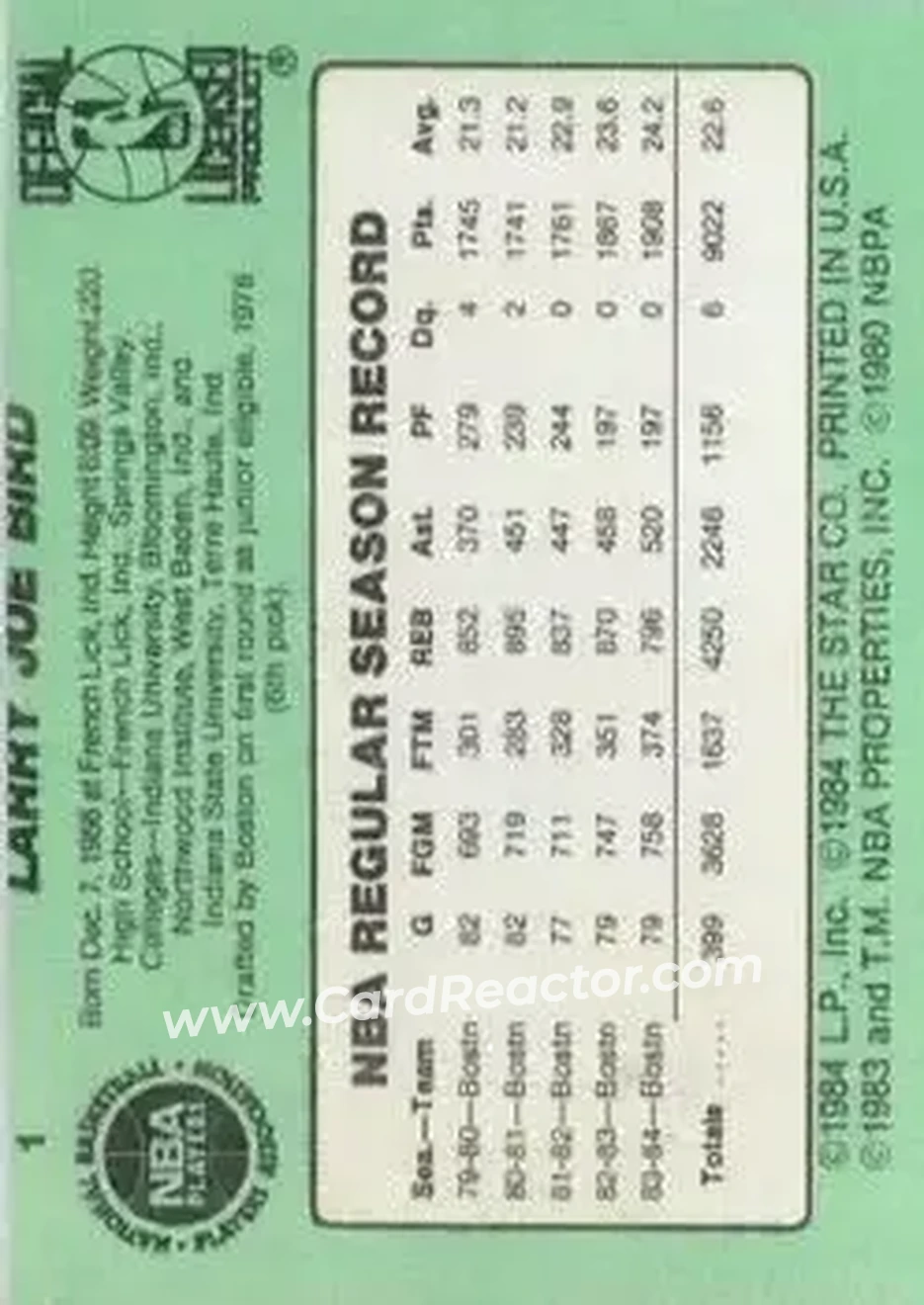 1984-85 Star #1 - Larry Bird - Boston Celtics - Back