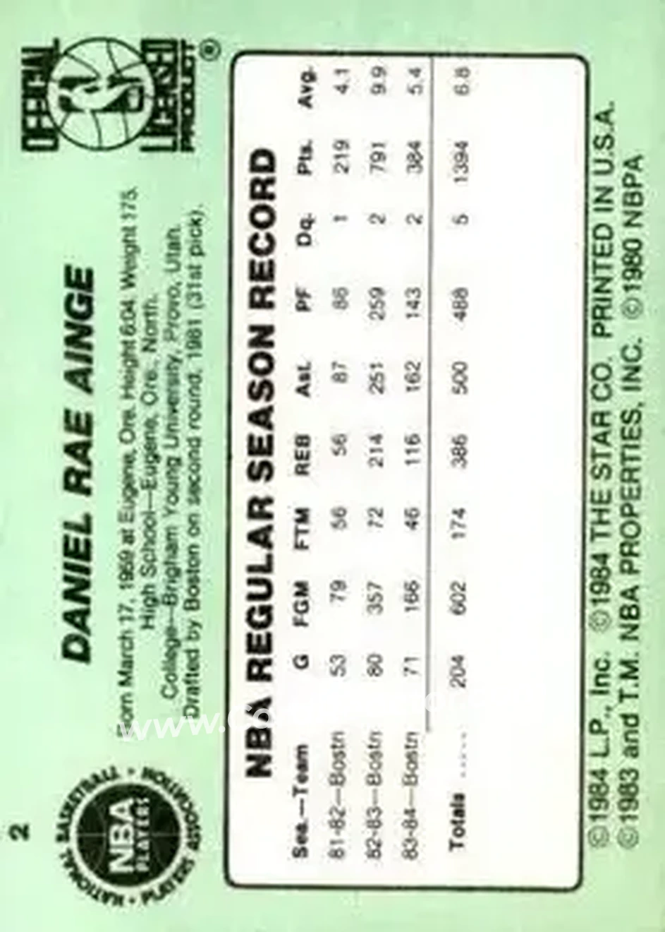 1984-85 Star #2 - Danny Ainge - Boston Celtics - Back