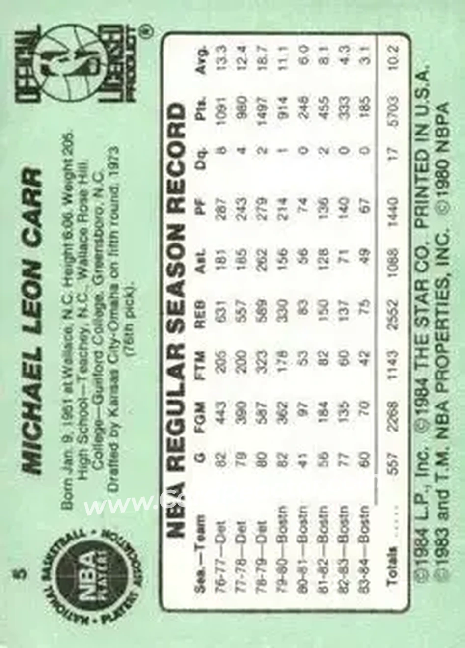 1984-85 Star #5 - M.L. Carr - Boston Celtics - Back