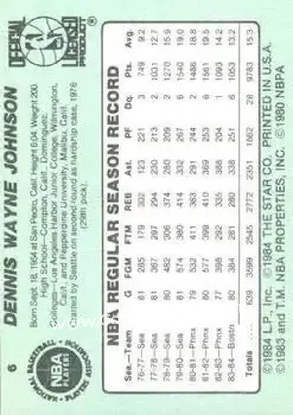 1984-85 Star #6 - Dennis Johnson - Boston Celtics - Back