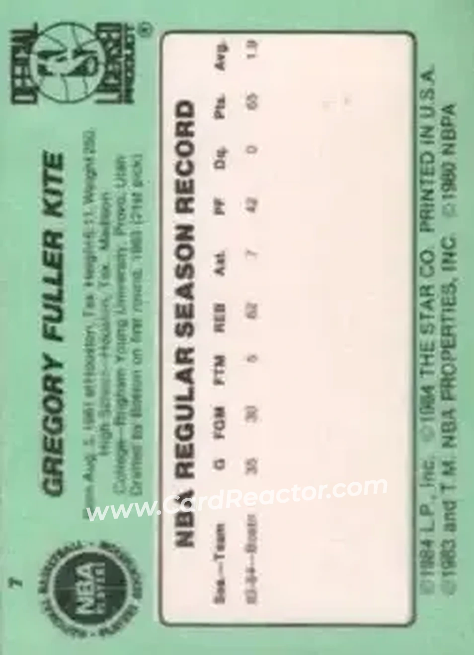 1984-85 Star #7 - Greg Kite - Boston Celtics - Back