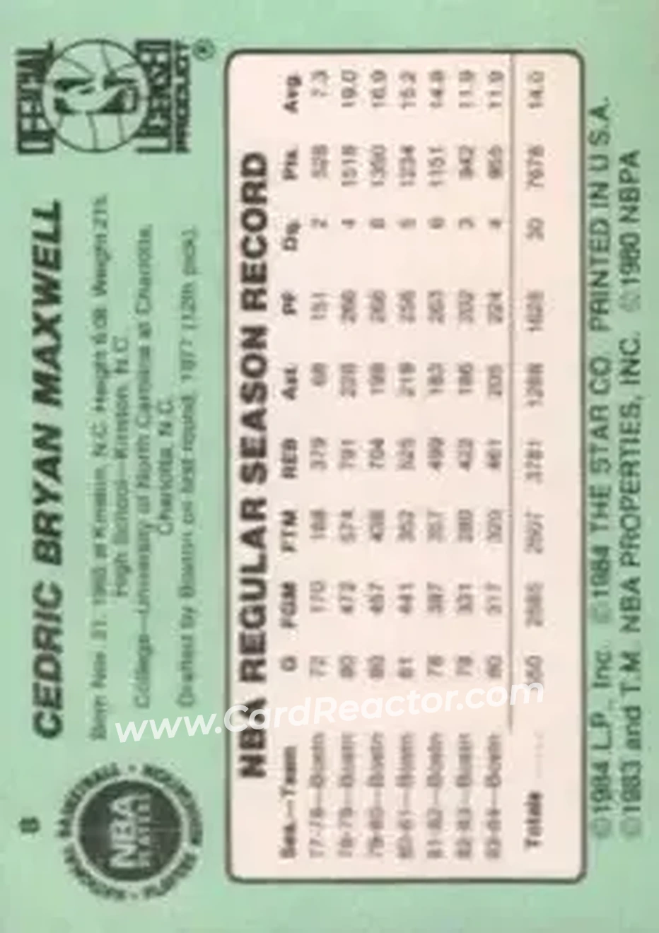 1984-85 Star #8 - Cedric Maxwell - Boston Celtics - Back