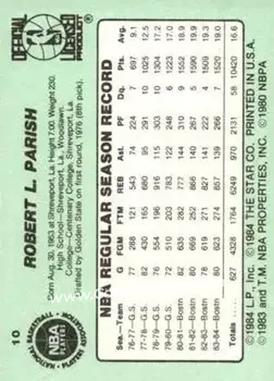 1984-85 Star #10 - Robert Parish - Boston Celtics - Back